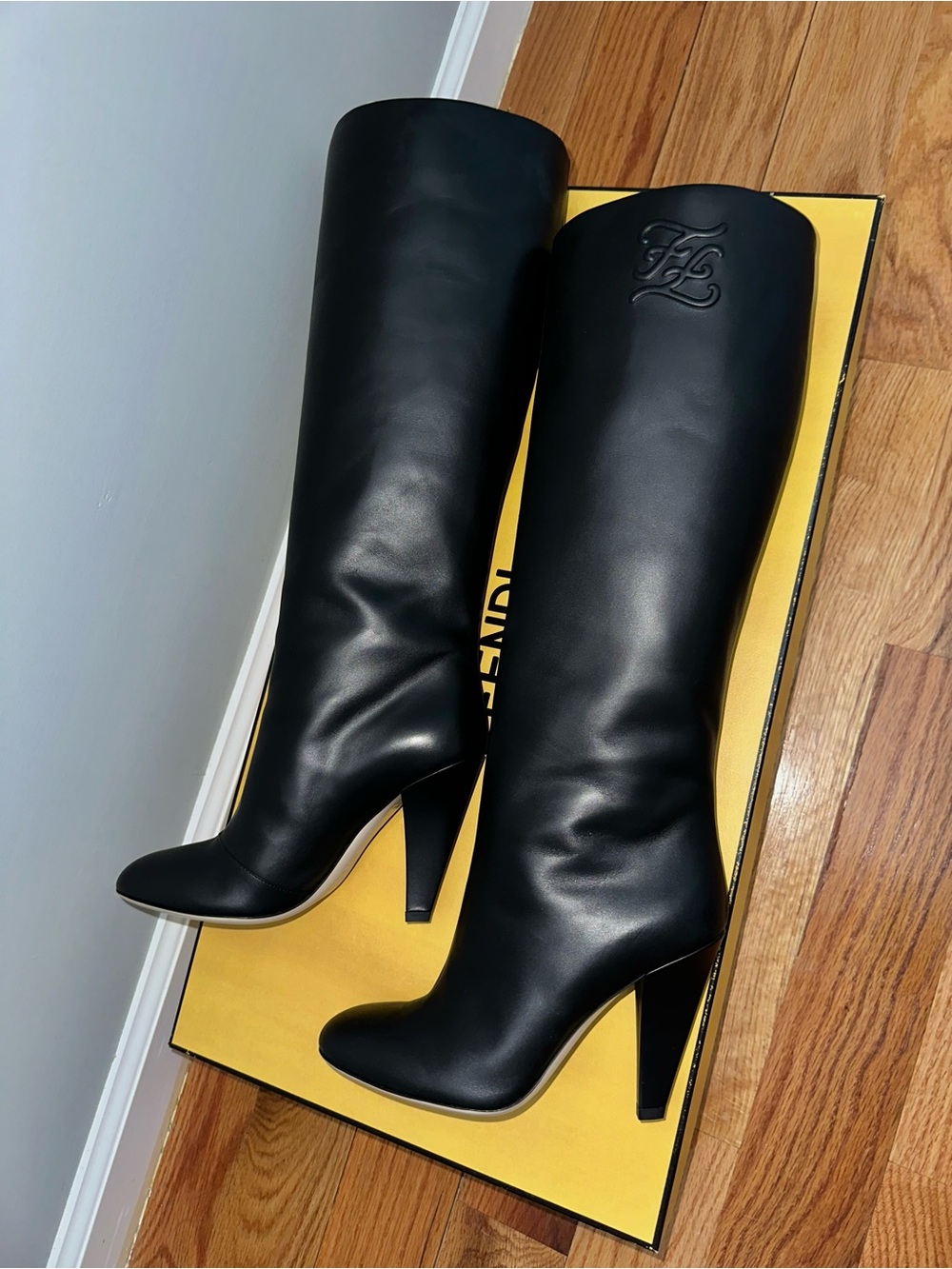 Black Leather Knee-High Boots with Embossed Logo + box and dust bag